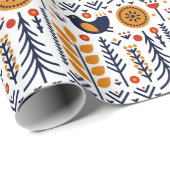 秋の鳥の民芸パターン ラッピングペーパー (ロールコーナー)