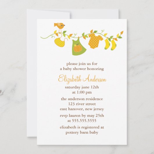 秋の鳥の秋をテーマにした少女の赤ちゃんシャワー 招待状 (正面)