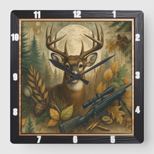 秋の鹿の狩猟林 スクエア壁時計 (正面)