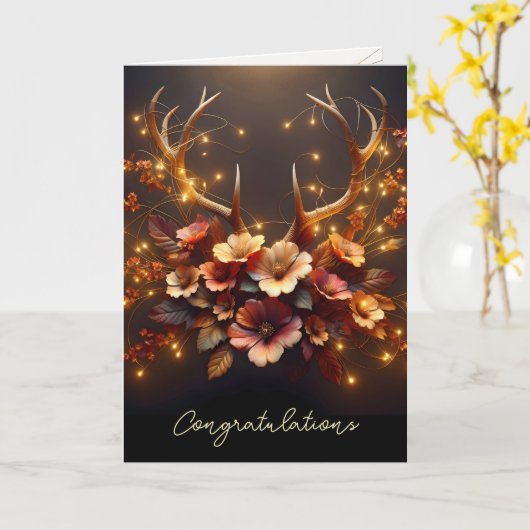 秋の鹿の〔雄ジカの〕枝角結婚の灯り カード (黄色い花)