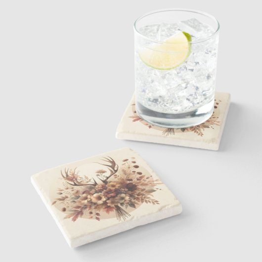 秋の鹿アントラーブーケ ストーンコースター (横)