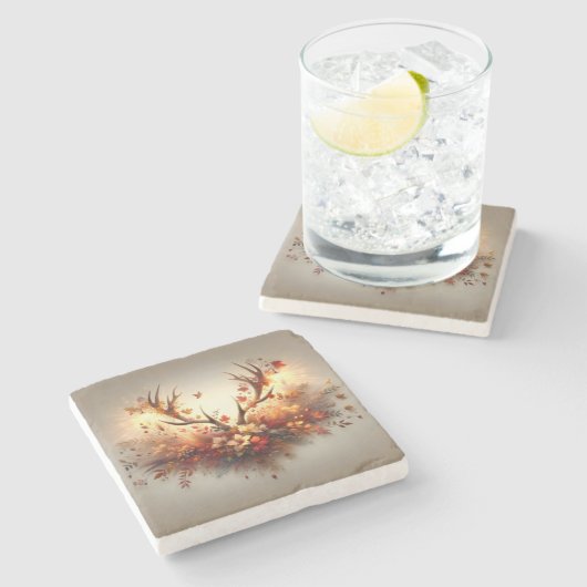 秋の鹿アントラーブーケ ストーンコースター (横)