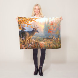 秋の鹿バックスnドウフォレスト牧草地 フリースブランケット