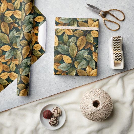 秋の黄色オレンジ色の緑の銅離れの ラッピングペーパー (クラフト)