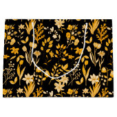 秋の黄金色の花の模様。黒BG ラージペーパーバッグ (正面)