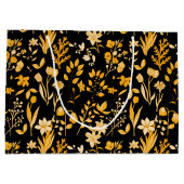 秋の黄金色の花の模様。黒BG ラージペーパーバッグ (裏面)