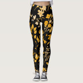 秋の黄金色の花の模様。黒BG レギンス (正面)