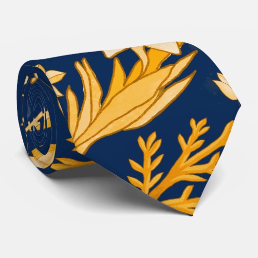 秋の黄金色の花の模様。DBlue BG ネクタイ (ロール)