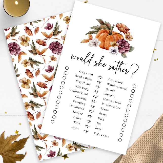 秋の「彼女ならどっちを選ぶ」ゲーム (Fall Would She Rather Game Fall In Love Bridal Shower Pumpkin Florals by Painted Paperie)