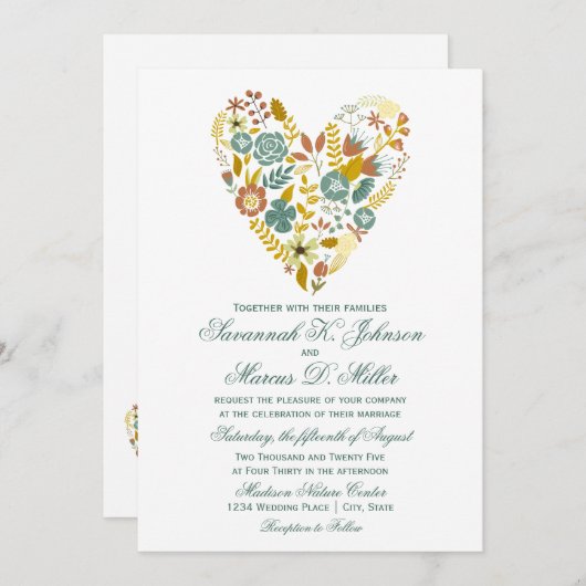 秋のBohoの花のハートの秋の結婚式の招待状 招待状 (正面/裏面)