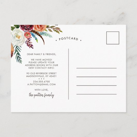 秋のBoho開花新住所の引越し告知 案内ポストカード (裏面)
