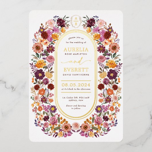 秋はっきりしたの山花モノグラム結婚の紋 箔招待状 (正面)