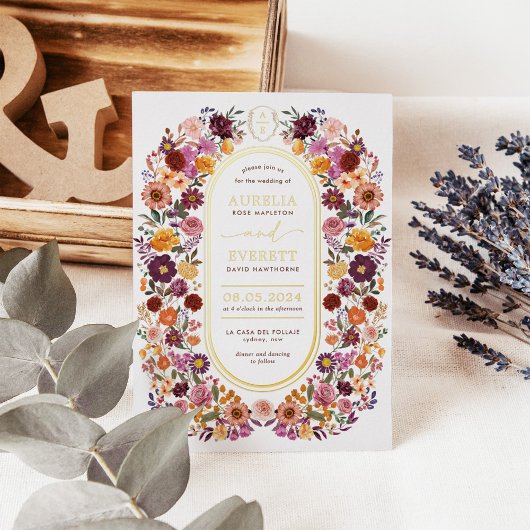 秋はっきりしたの山花モノグラム結婚の紋 箔招待状