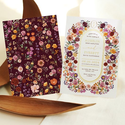 秋はっきりしたの山花モノグラム結婚の紋 箔招待状