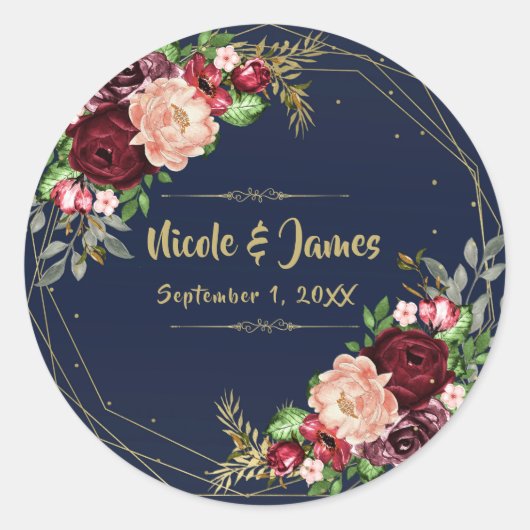 秋はっきりしたフローラネイビーブルー金ゴールド&ブルゴーニュ結婚ーズ ラウンドシール (正面)