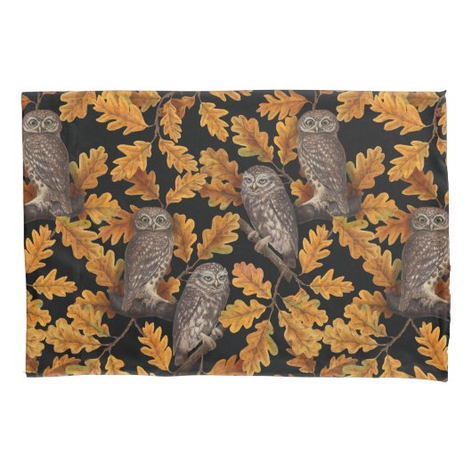 秋はフクロフクロウ黒 枕カバー (正面左)