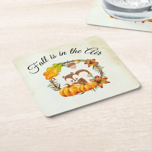 秋はリスと空気タイポグラフィにある スクエアペーパーコースター (アングル)