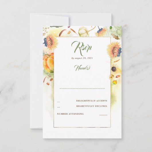 秋ひまわりの花とカボチャの結婚式RSVP 出欠カード (正面)
