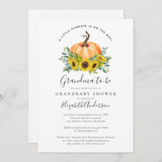 秋ひまわりカボチャおばあちゃん赤ちゃんシャワー 招待状 (正面/裏面)