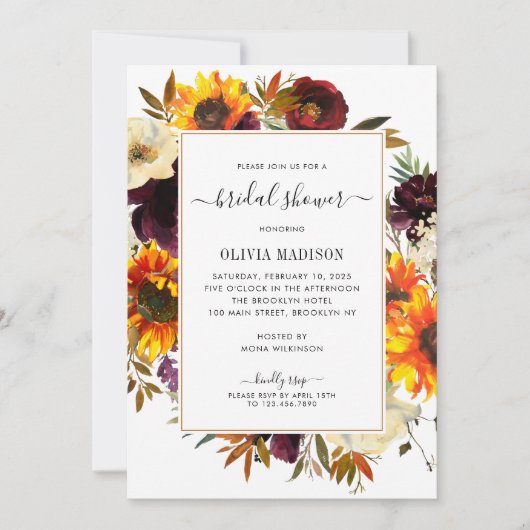 秋ひまわりバーガンディフローラブライダルシャワー 招待状 (正面)