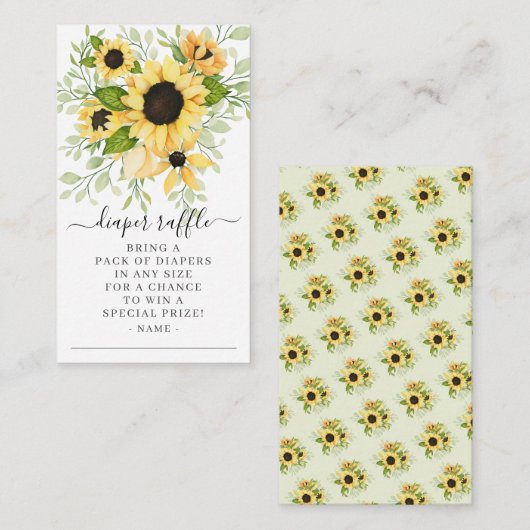 秋ひまわりフローラ赤ちゃんシャワーおむつラッフル エンクロージャーカード (正面/裏面)