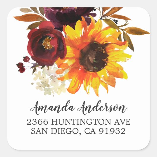 秋ひまわりブーケフローラ差出人住所 スクエアシール (正面)