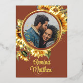 秋ひまわり焼けオレンジカスタム色の写真結婚の 箔招待状 (正面)