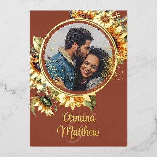 秋ひまわり焼けオレンジカスタム色の写真結婚の 箔招待状 (正面)