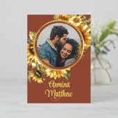 秋ひまわり焼けオレンジカスタム色の写真結婚の 箔招待状 (立ち正面)