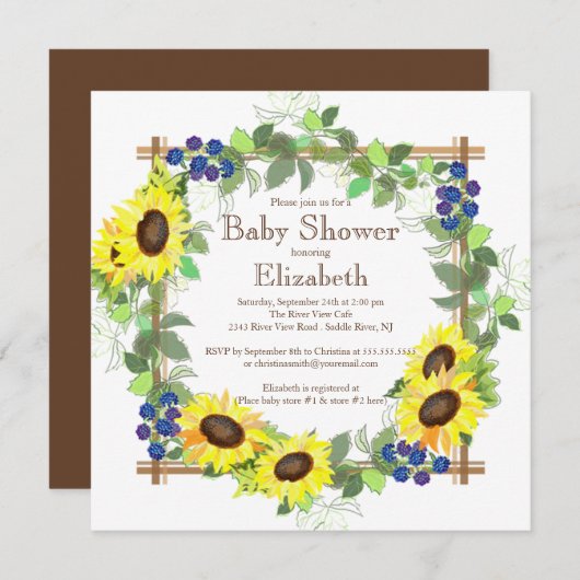 秋ひまわり男女兼用のベビーシャワー 招待状 (正面/裏面)
