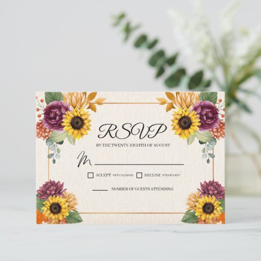 秋ひまわり秋の結婚式RSVPエンクロージャカード 出欠カード (スタンド正面)