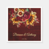 秋ひまわり結婚のバーガンディーのモノグラム印刷 スタンダードカクテルナプキン (正面)