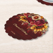 秋ひまわり結婚のバーガンディーのモノグラム印刷 ペーパーコースター (アングル)