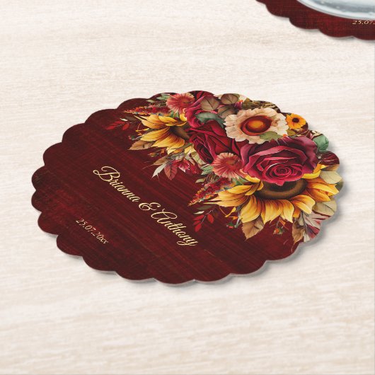 秋ひまわり結婚のバーガンディーのモノグラム印刷 ペーパーコースター (アングル)