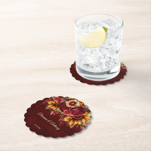秋ひまわり結婚のバーガンディーのモノグラム印刷 ペーパーコースター (インサイチュ)