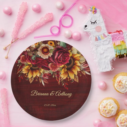 秋ひまわり結婚のバーガンディーのモノグラム印刷 ペーパープレート (パーティー)