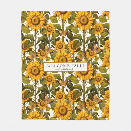 秋ひまわり花蝶オフ白フローラ フリースブランケット (正面)