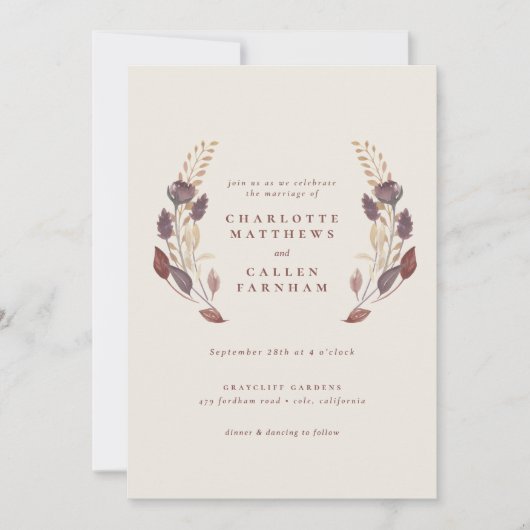 秋ほこりっぽい紫さび麦フローラアーチ結婚ズ 招待状 (正面)