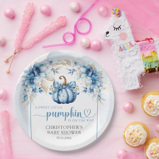 秋ほこりっぽい青と金ゴールドのカボチャの花のアーチ ペーパープレート (パーティー)