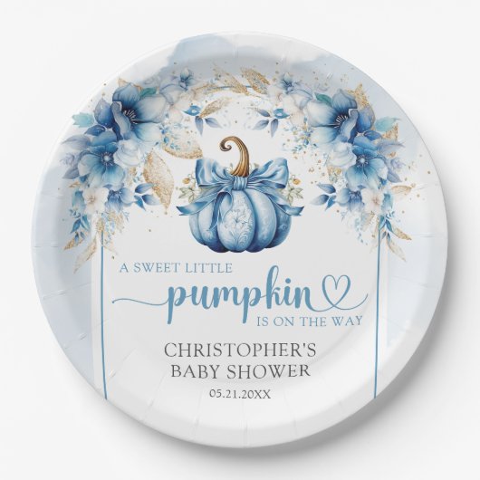 秋ほこりっぽい青と金ゴールドのカボチャの花のアーチ ペーパープレート (正面)