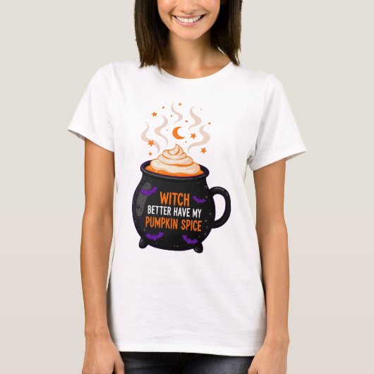 秋よくはしゃぐのカボチャのスパイス魔女マンガ Tシャツ (正面)