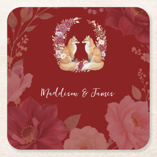 秋よくはしゃぐキツネ結婚ズ スクエアペーパーコースター (正面)