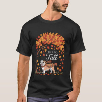 秋をこんにちは イングリッシュブルドッグ 紅葉 秋の木 感謝 Tシャツ