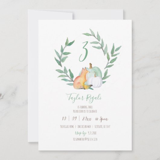 秋をテーマにしたウッドランド誕生日パーティー 招待状 (正面)