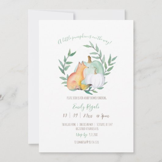秋をテーマにしたキツネとカボチャ赤ちゃんシャワー 招待状 (正面)