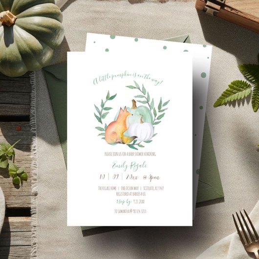 秋をテーマにしたキツネとカボチャ赤ちゃんシャワー 招待状