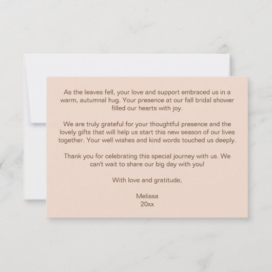 秋をテーマにしたボホ結婚ブライダルシャワーの感謝していユーザ サンキューカード (裏面)