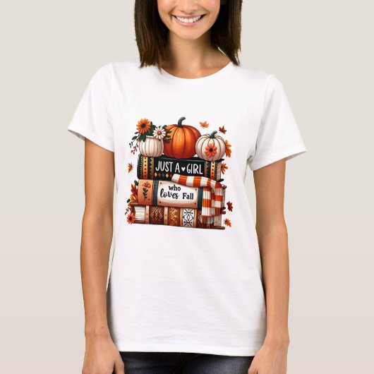 秋を愛する女の子Tシャツ | かわいいパンプキン Tシャツ (正面)