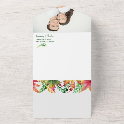 秋アカシア葉写真テンプレート結婚ズ オールインワン招待状 (外側)