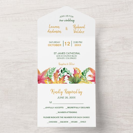 秋アカシア葉写真テンプレート結婚ズ オールインワン招待状 (内側)